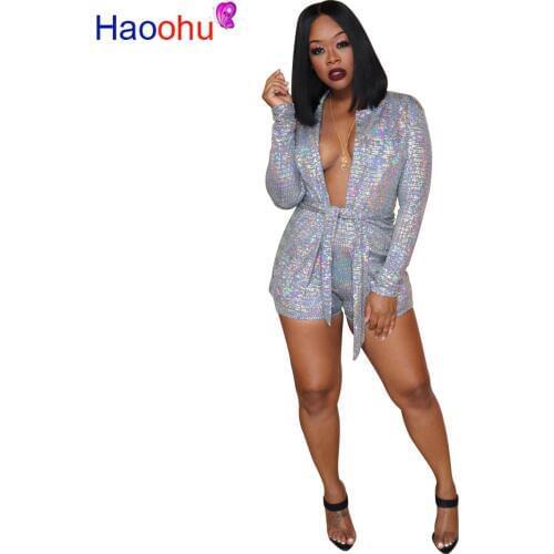 Sequin 2 Piece Matching Sets Women Festival Clothing Deep V Neck Full Sleeve Belt Long Coat and Bodycon Shorts Sexy Club Outfits