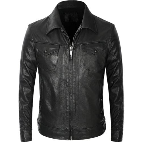Vintage Goatskin Genuine Leather Motorcycle Jacket Men Black Slim Short Real Leather Coat High Quality Business Casual Clothes