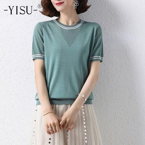 YISU 2021 New Woman clothing Thin simple Women Sweater Summer O-Neck Short sleeve Loose Jumper Female Casual Knitted Pullover