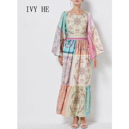 IVY HE High Quality Autumnr Dress Woman Clothing Loose Fit Patchwork Print Bohemia Holiday Long Dress Traf Robe ZA Party Dresses