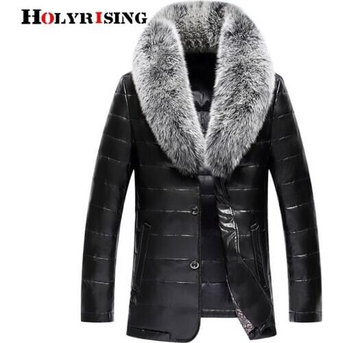 Down jacket mens fox fur collar short sheep leather jacket mens Fake leather slim PU leather coat warm down coat 19462