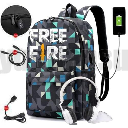 Fashion Shooting Game Free Fire Backpack Anime USB Charging Anti-theft Bookbag Canvas Zipper School Bags for Teenager Girls