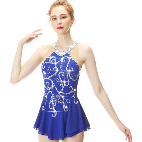 Blue Long Sleeve Crystal Diamond Bow Figure Skating Sress Skating Skirt lady and girl