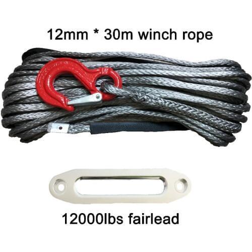 12mm*30m Synthetic Winch Rope / Line with Hook & 12000lbs Hawse Fairlead for 4wd atv utv off road