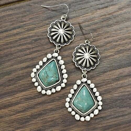 Vintage Bohemia Natural Stone Resin Dangle Earrings Ethnic Tribal Jewelry Drop Turquoises Blossom Flower Hook Earring Jewelry