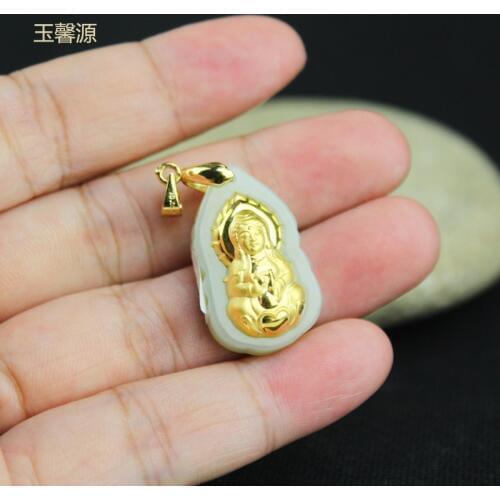 Fine Jewelry 24k Gold Guanyin Hetian Jade Necklace Fashion Charm Pendant Men And Women Gifts