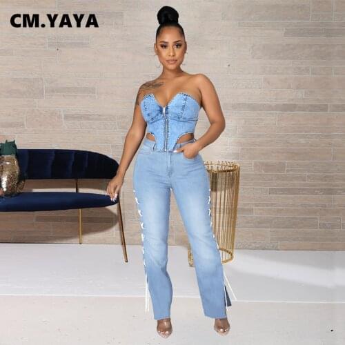 CM.YAYA Women Jeans Solid Mid Waist Zip Pockets Bandage Hollow Out Long Flare Denim Pants Sexy Fashion Casual Trousers Summer