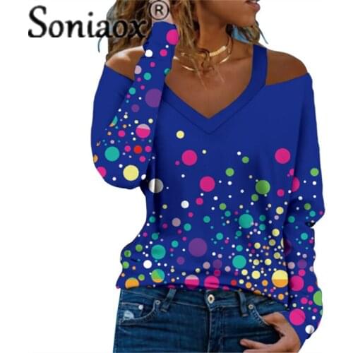 2021 Women Summer Sexy V-Neck Off Shoulder Tops Flowers Dots Print Loose Long Sleeve T-Shirt Ladies Casual Street Pullover Shirt