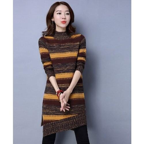 Women Long Sleeve Half turtleneck Long Sweater Dress Women Autumn Elegant Stripe Knit Dress Female Casual Pullovers Plus Size