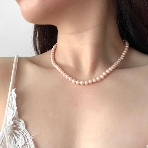 Elegant Shell Pearl Necklace Classic Temperament Wedding Pink Preal Necklace 6mm 925 Sterling Silver Chain for Women