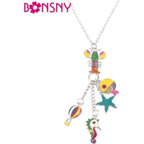 Bonsny Statement Metal Alloy Animal Hippocampus Shrimp Fish Ocean Choker Necklace Chain Collar Pendant New Enamel Jewelry Women