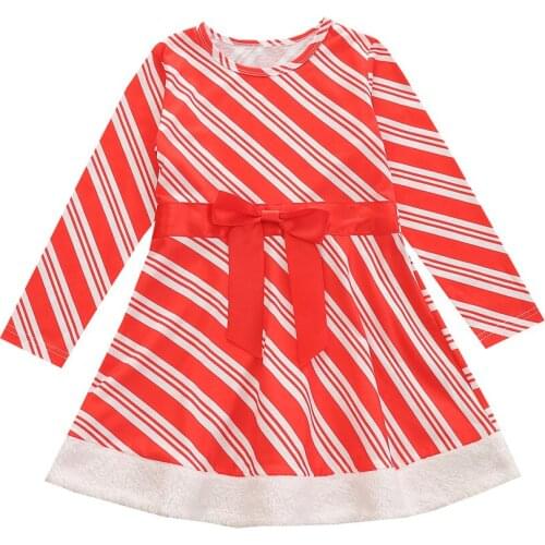 2021 0-6Y Toddler Baby Girls Princess Dress Christmas Striped Print Round Neck Bow Tunic Long Sleeve A-line Dress Costume
