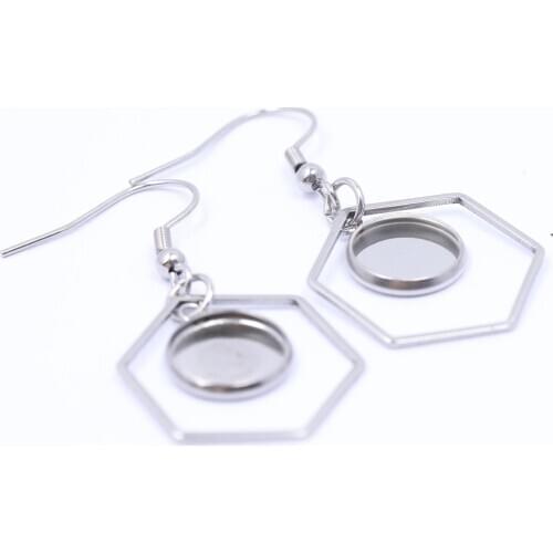 Onwear 20pcs dangle hoop earring base 12mm cameo cabochon setting trays diy stainless steel pendant earrings findings