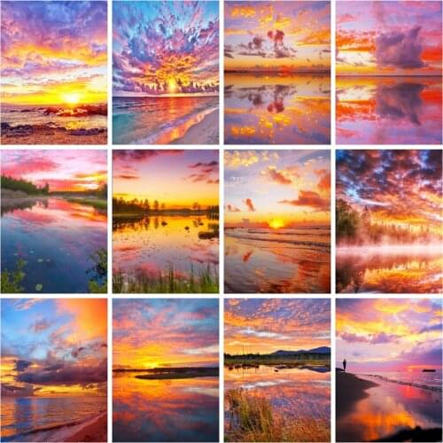Huacan 5d Diamond Painting Scenery Sunset River Home Decor Mosaic Cloud Sea Landscape Embroidery Home Decor Diamond Art