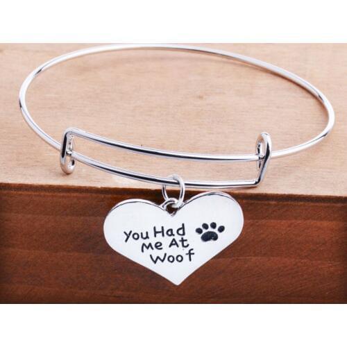 Bespmosp 12PCS/Lot Wholesale You Had Me At Woof Heart Charms Pendant Bracelet Bangle Dog Pet Paw Print Tag Pet Lover Women Men