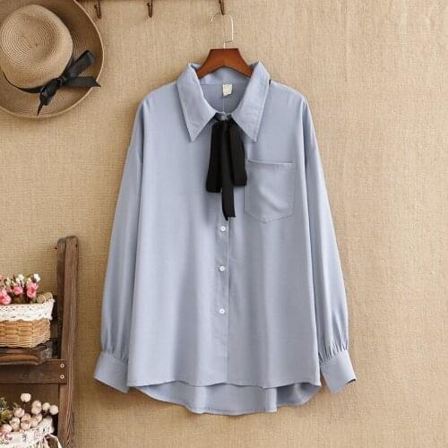 Plus Size Shirt For Women Bow Tie Lapel Pure Color College Style Long Sleeve Tops Large Size Shirt In Autumn For Fatwomen Wear