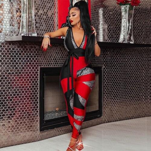 Streetwear Color Blocking Rompers Womens Jumpsuit 2021 Sleeveless Deep V Neck One Piece Overall Summer Bow Tie Party Body Suits