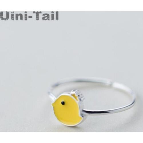Korean cute 925 sterling silver yellow chicken drop glaze cartoon ring live mouth adjustable chick mascot gift preferred female