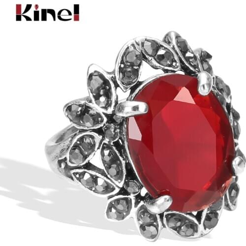 Kinel Fashion Tibetan Silver Red Stone Ring For Women Crystal Flowers Ethnic Wedding Bridal Jewelry Retro Rings