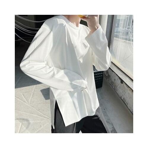 Large Size Spring Side Slit personality pad shoulder loose round-necked t-shirt fashion mens Korean version of INS jacket jacke