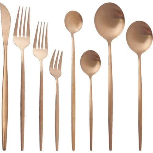 Rose Gold Matte Dinnerware Set Mirror Flatware Set Stainless Steel Cutlery Kitchen Knife Spoon Tableware Western Silverware Set