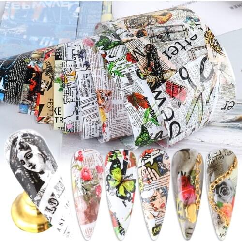 Newspaper Gel Nail Polish Transfer Stickers Set Vintage Flowers Letter Lady Nails Art Foils Slider Manicuring Paper Tips BE5114