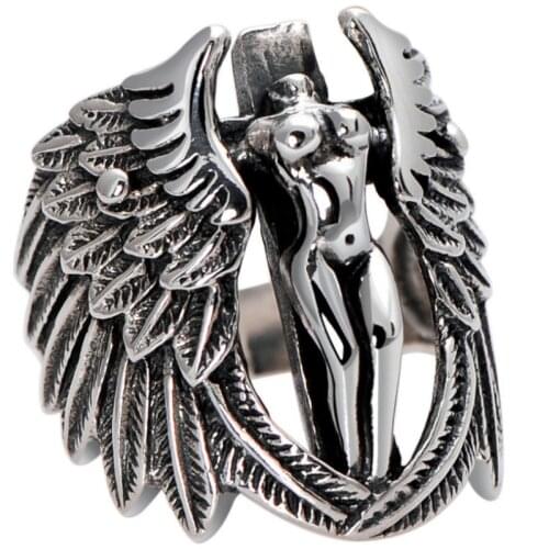 2021 New Arrival Vintage Guardian Angel Cross Exaggerated Wings Mens Domineering Ring Anniversary Fashion TRENDY Wholesale