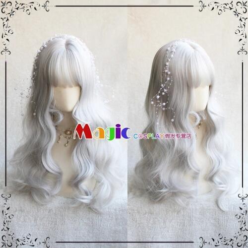 65CM Harajuku Lolita Sweet Daily Wig Silver White Girl Curly Wigs Cosplay Princess Synthetic Hair Long Wavy Party Wig