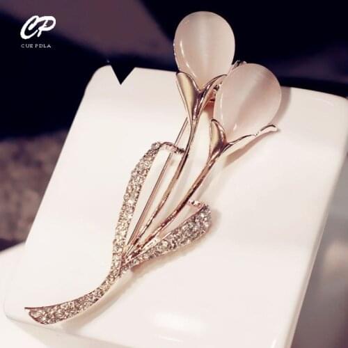 Luxury Opal Tulip Brooches For Woman Wedding Party Rhinestone Flower Accessories Brooch Gift