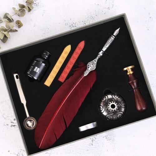Feather pen retro suit European-style British drowning wax stamp seal gift box drip pen