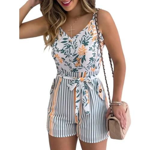 S-XXXL Female Playsuits Floral Print Deep V-Neck Sleeveless Romper with Waist Belt for Women