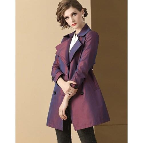 2021 Spring Trench Coat Women Purple Double Breasted Belted Slim Coat Female Classic Vintage Streetwear Outerwear Windbreaker