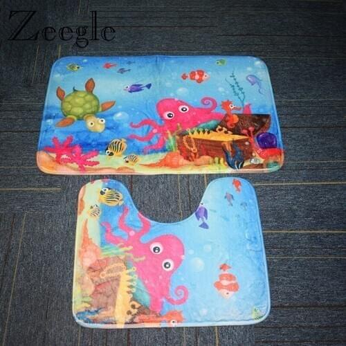 Zeegle Bath Mat Set Cartoon Toilet Pedestal Rug Anti Slip Bathroom Doormat Absorbent Flannel Bathroom Cover Toilet Seat Mat