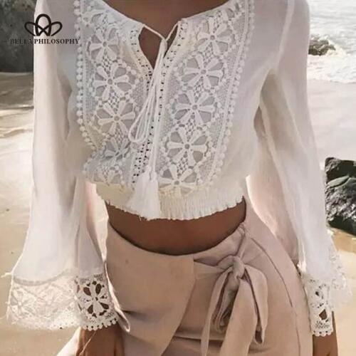 Bella Philosophy women sweet lace floral embroidery blouse casual flare sleeve v neck lace up blusas viscose ladies shirts