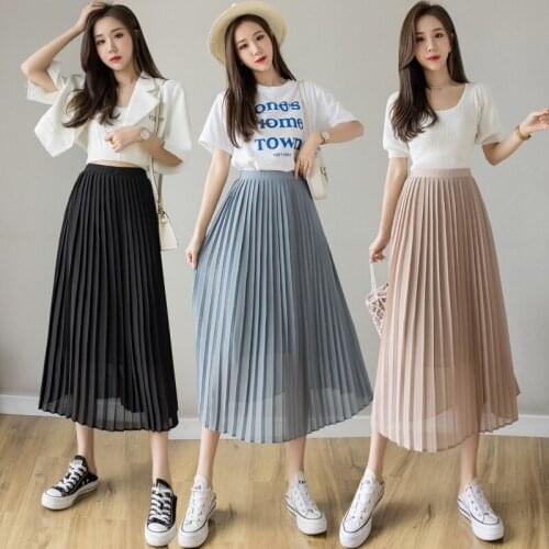 Summer 2021 Chiffon Pleated Skirt Ankle-length Solid Casual Faldas Long Skirts For Women Elastic Waist Loose Black Blue