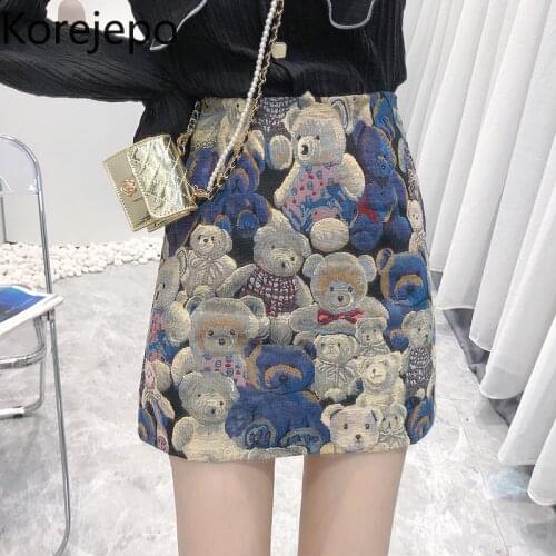 Korejepo Women Skirt 2021 Korean Chic Retro Sweet Cute Fashion All-match High Waist Female Bear Embroidery A-line Short Skirt