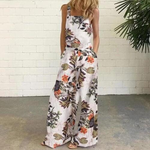 Women Sleeveless Floral Print Jumpsuits Casual Summer Strap Romper Sexy Overalls Trousers Beach Playsuit Loose Pants