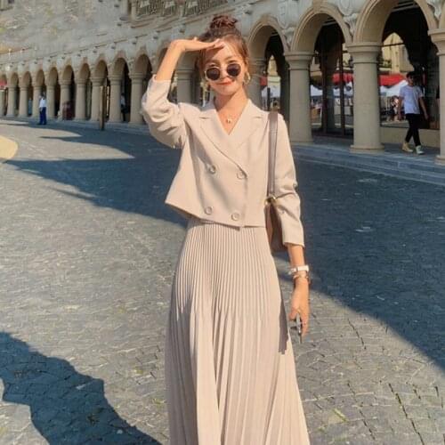 Bella 2021 Skirt Sets Korean Chic OL Two Piece Set Women Crop Top Casual Blazer Coat Pleated Long Skirt Suits Female 2 Piece Set