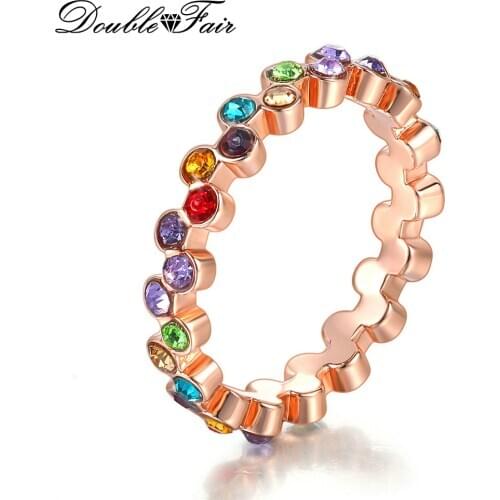 Double Fair Colorful Crystal Dainty Ring For Women Rose Gold Color Round Womens Rings Girls Fashion Jewelry Dropshipping DZR002
