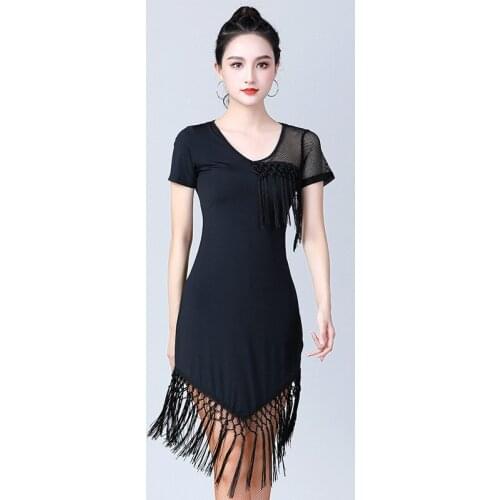 Black Latin Dance Dress Short Sleeve Latin Dance Tassel One-piece Dress for Women Female Ballroom Tango Cha Cha Rumba Costumes