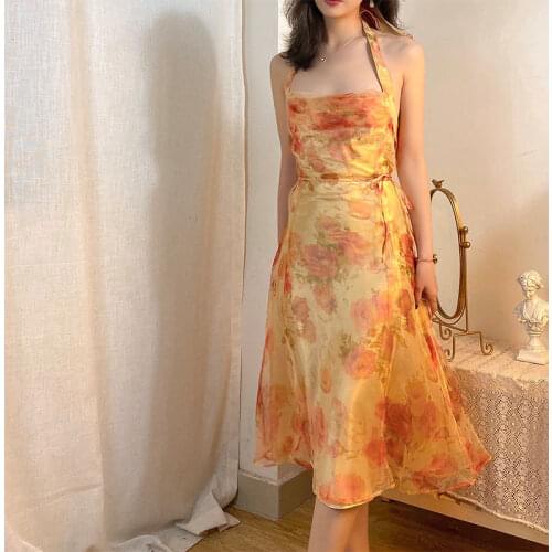 Women retro halter neck mid-length boho open back oil painting dress beach wear yellow floral fairy holiday suspender dresses