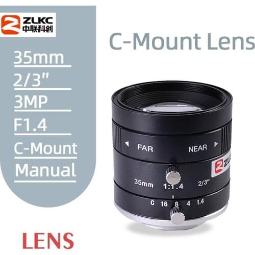 ZLKC FA Lens 35mm Fixed Focal Lens 3.0 Megapixel C Mount Machine Vision Camera Lens 2/3 inch Aperture F1.4 Mabual Iris CCTV Lens