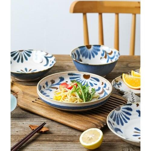 1 PC Japanese Dish Plate Ceramic Underglaze Okinawa Flower Patterned Hand-painted Exquisite Household Made in Japan