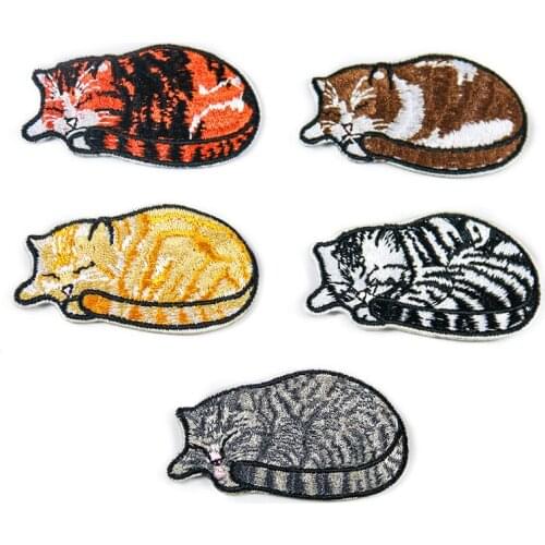 5PCS DIY Cute Cartoon Cat Patches Embroidered Applique Iron on Transfer for Cloth 3D Fabric Badges Jackets Pocket Cloth Stickers