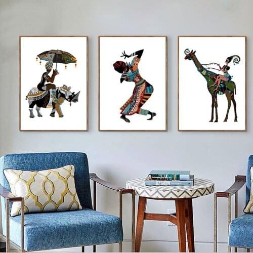 Abstract Character Animal Elephant Giraffe Silhouette Geometry Pattern Umbrella Canvas Painting Wall Picture Poster Decoration