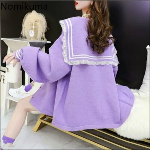 Nomikuma Korean Causal Women Sweater Coat Lace Patchwork Hit Color Striped Turn Down Collar Knitted Cardigan Jacket 2020 6B557