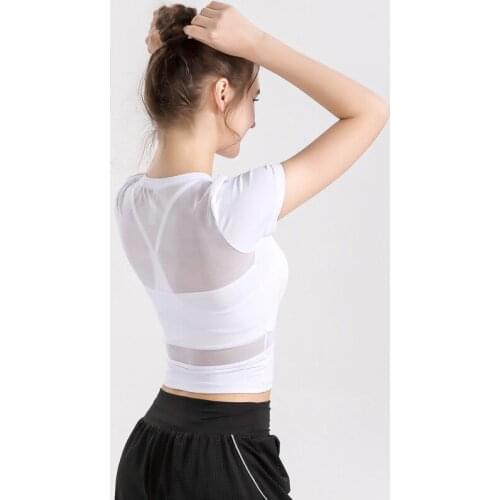Summer New Style Mesh Patchwork Exercise Yoga Shirt Short Sleeve T-Shirt Tight Breathable Running T-Shirt Gym Fitness Crop Top
