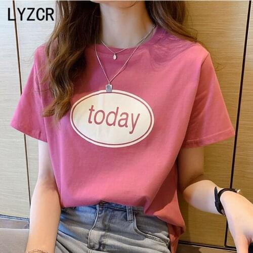 LYZCR 2021 Summer Letter T-Shirt Cotton Tops For Women Basic Loose White Shirts Female O Neck Top Tee Short Sleeve T Shirts
