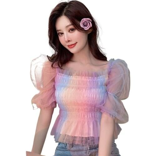 Fashion Womens Chiffon Shirt 2021 Summer New Design Sense Mesh Slim Short Puff Sleeve Rainbow Top