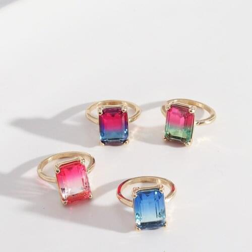 Fashion Square Faceted Rainbow Colorful Glass Rings Inner Dia 1.7cm Brincos Pendientes Gold Finger Ring Jewelry for Women
